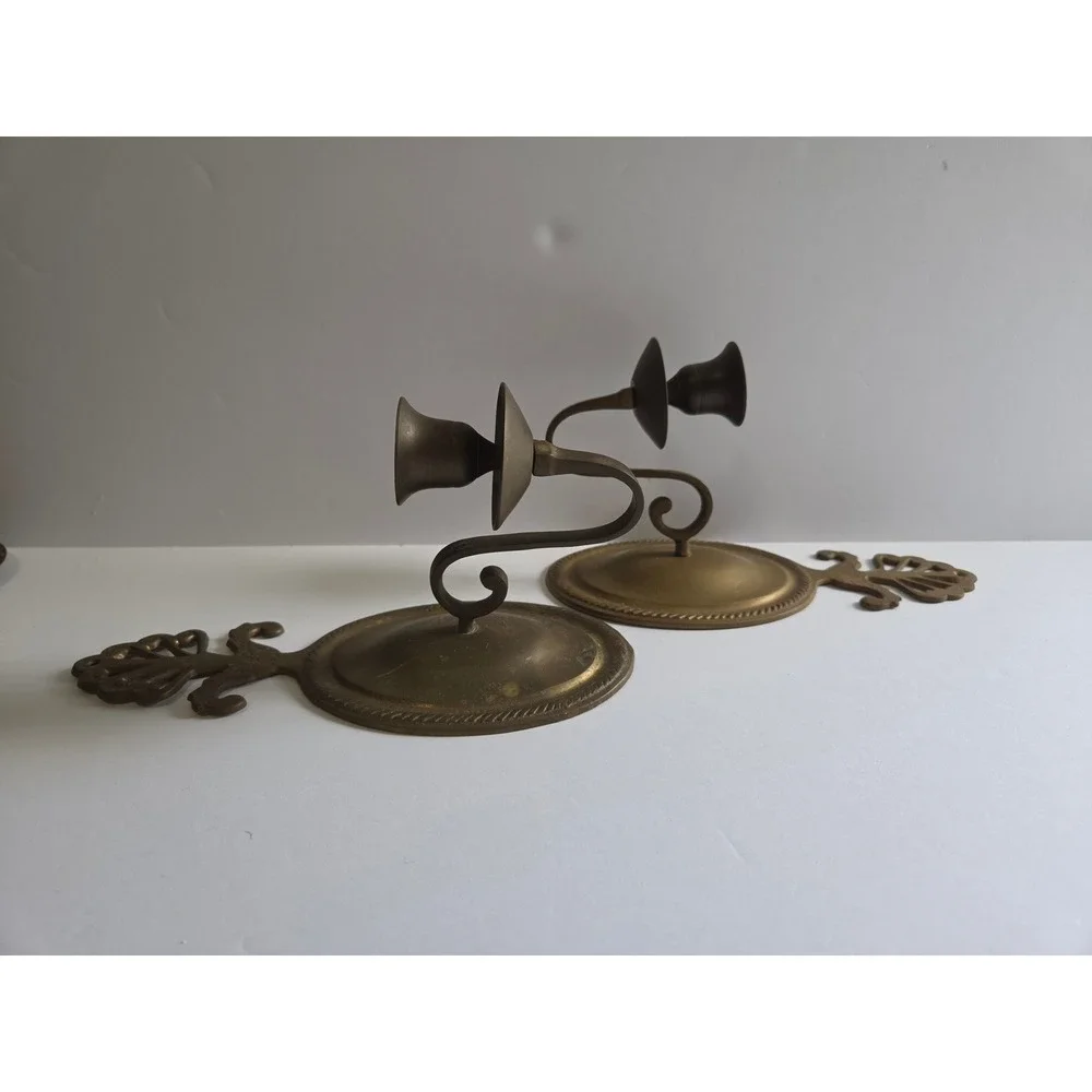 Vintage Solid Brass Wall Sconces Pair Handcrafted India Scrolled Candle Holder